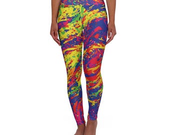 Swirl Paint Splatter High Waisted Yoga Leggings, Colorful Workout Pants, Blue Red Fitness Leggings, Yoga Pants for Women, Unique Activewear