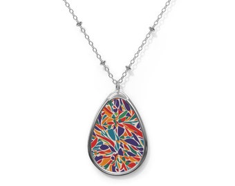 Southwest Design Pendant Necklace, Geometric Pendant, Folk Art Pendant Necklace, Boho Design Necklace, Purple Orange Blue Green Pendant