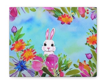 10x8 Cute Bunny Rabbit Floral Flowers Easter Decor Watercolor Canvas Print