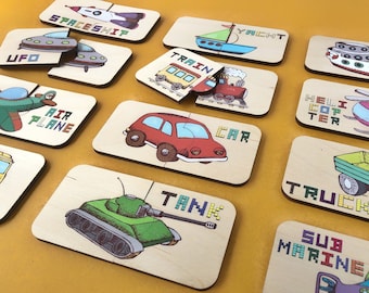 Transport wooden memory game / Cars matching memory game / 3 year old boy gift / Transportation birthday gift / Transportation activity