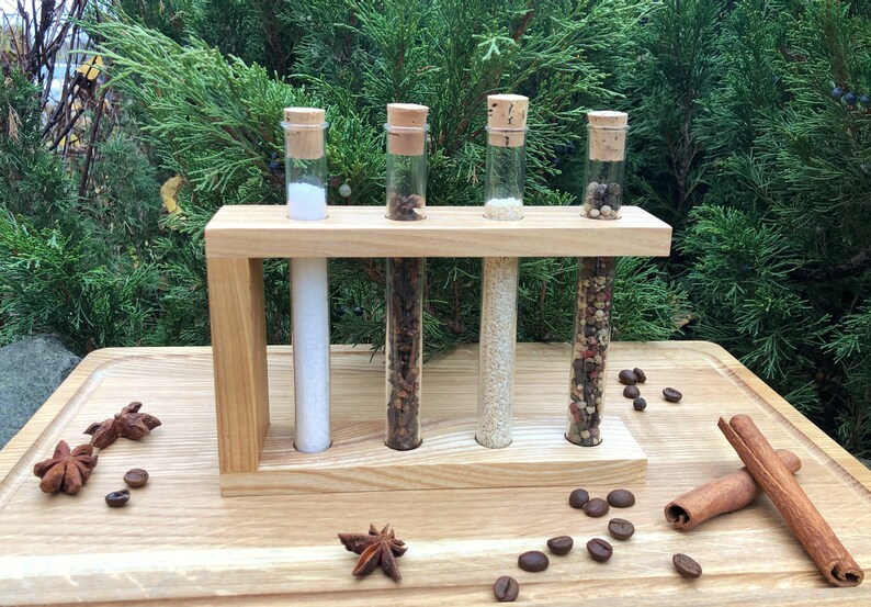 Wooden spice rack with 4 glass test tubes / Test Tube Spice Etsy