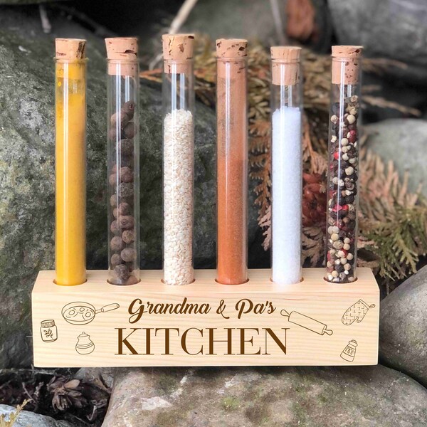 Custom Test Tube Spice Rack, Personalized Spice Organizer, Glass Test Tube Station with Custom name, Personalized Wooden Gift