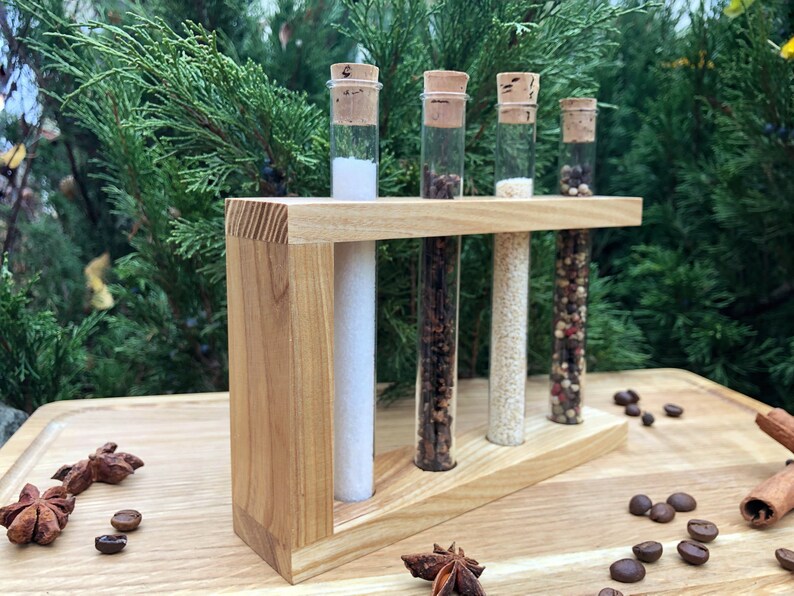 Wooden spice rack with 4 glass test tubes / Test Tube Spice Etsy