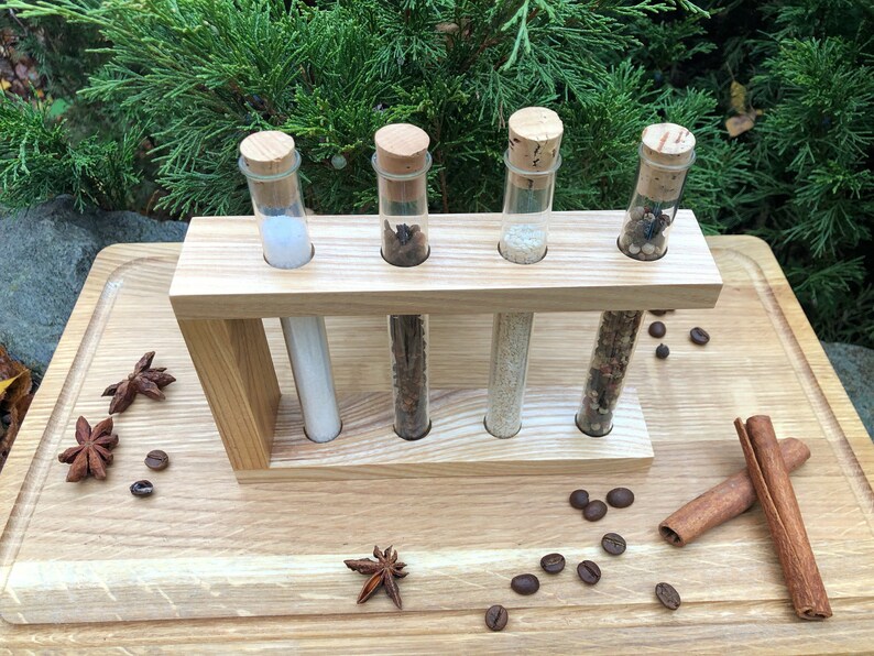 Wooden spice rack with 4 glass test tubes / Test Tube Spice Etsy