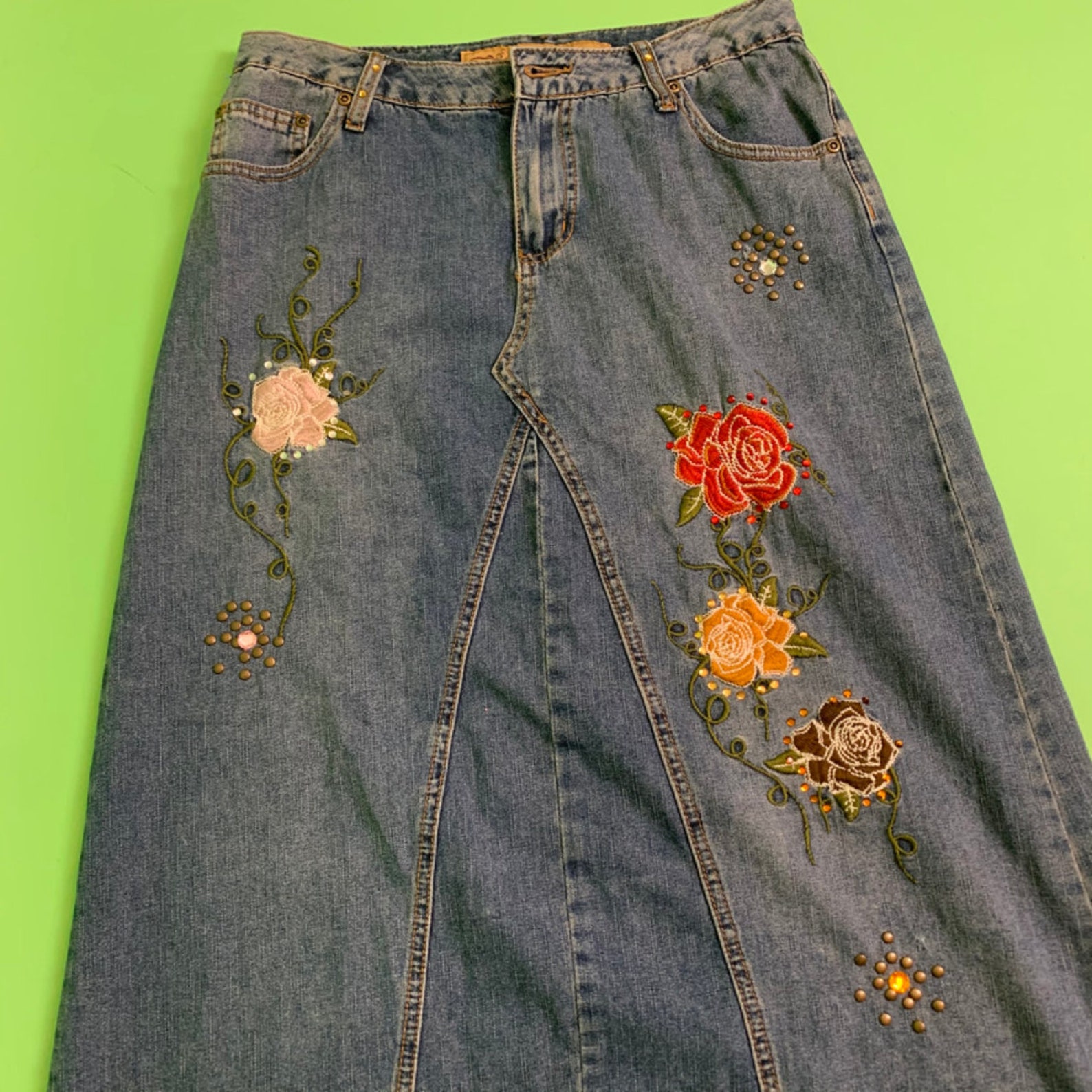 Vintage Y2K Denim Midi Skirt with Rose Patches Rhinestones | Etsy