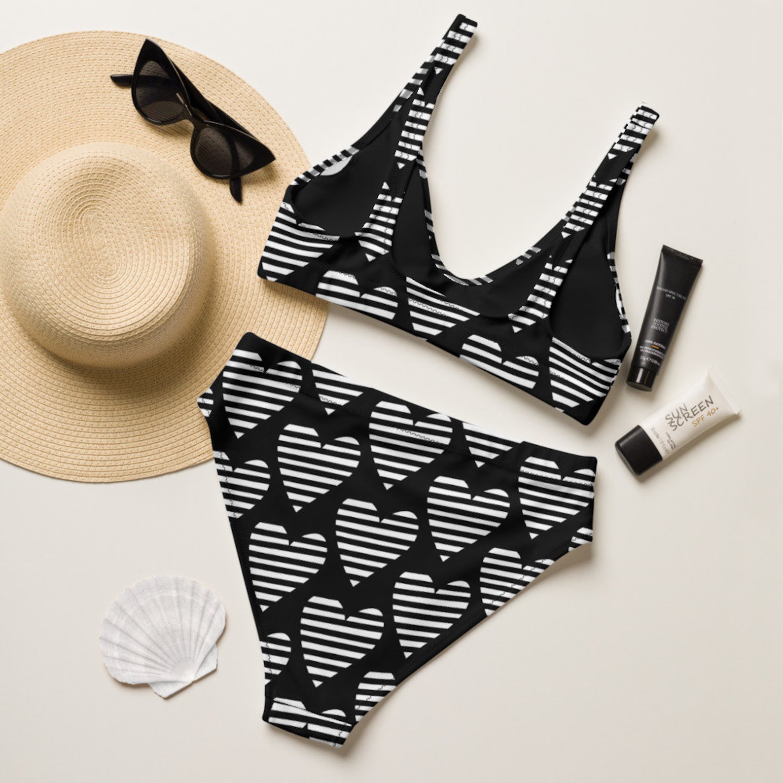 Heart Pattern Bikini highwaisted bikini Monochrome Heart Etsy