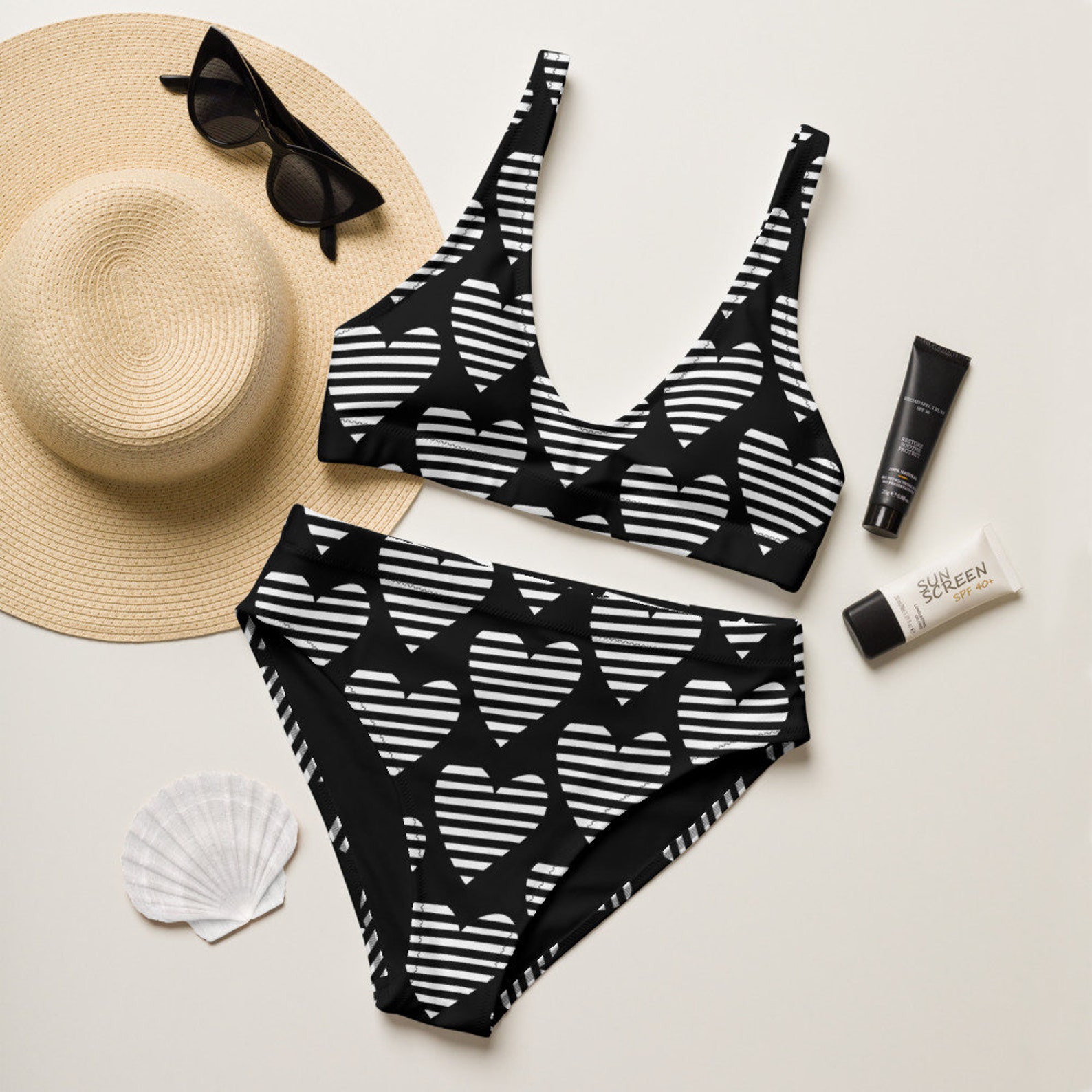 Heart Pattern Bikini highwaisted bikini Monochrome Heart Etsy