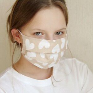 Beige Cotton Facemask With Hearts, Reusable Mask with Filter Pocket, High Quality for All Sizes, Beautiful Protective Mask