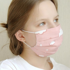 Pink Cotton Facemask With White Clouds, Reusable Mask with Filter Pocket, High Quality for All Sizes, Beautiful Protective Mask