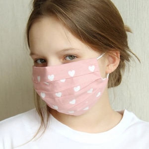 Pink Cotton Facemask With Hearts, Reusable Mask with Filter Pocket, High Quality for All Sizes, Beautiful Protective Mask