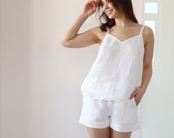 Linen pajama set, Linen top SULLA and shorts ULLI,  Linen loungewear, Womens Linen sleepwear, Gift for her, Handmade tank top