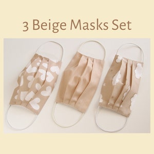 3 Facemasks Pack, Reusable Cotton Masks with Filter Pockets, Set of 3 Cute Face Masks of all Sizes High Quality, Beige Set 3 Mix