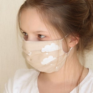 Beige Cotton Facemask With Clouds, Reusable Mask with Filter Pocket, High Quality for All Sizes, Beautiful Protective Mask