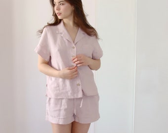 Sleepwear lingerie set, Linen top TRINA and shorts ULLI, Linen loungewear, Women's sleepwear, Linen sleepwear, Gift for her, Linen pajama