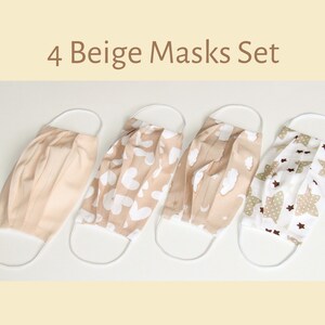 4 Facemasks Pack, Reusable Cotton Masks with Filter Pockets, Set of 3 Cute Face Masks of all Sizes High Quality, Beige Set 4 Mix