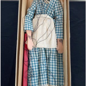 Vintage Wooden Marionette Puppet | Blue Gingham Dress | Original Box & Control Bars | Hand-Painted Face | Retro Toy Collector Doll