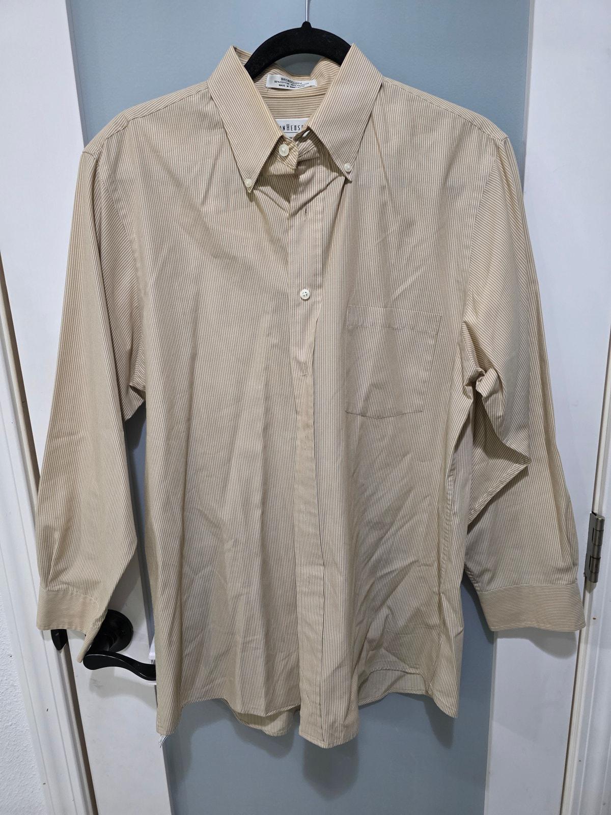 Vintage Van Heusen Pinstripe Dress Shirt Tan White Size - Main Image