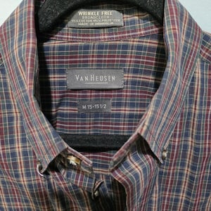 Vintage Van Heusen Men’s Plaid Button-Up Shirt – Dark Red Navy Medium 90s Y2K