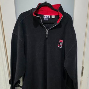 Vintage FILA Quarter Zip Fleece | Men’s XL Black Red Colorblock | Y2K Streetwear | Embroidered Logo | Made in Macau | 90s 2000s Vibe