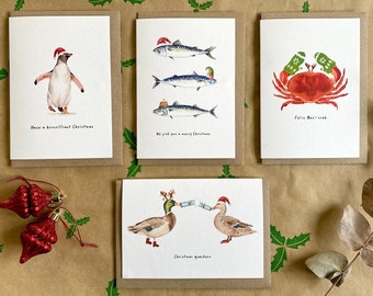 Kerstkaartenpakket van 8, originele grappige kaarten, woordspelingskaarten, feestelijke kaarten, kerstkaarten
