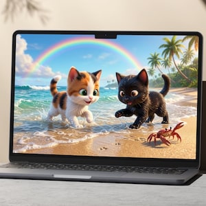 computer/desktop wallpaper featuring two playful cats frolicking on a sun-kissed beach.