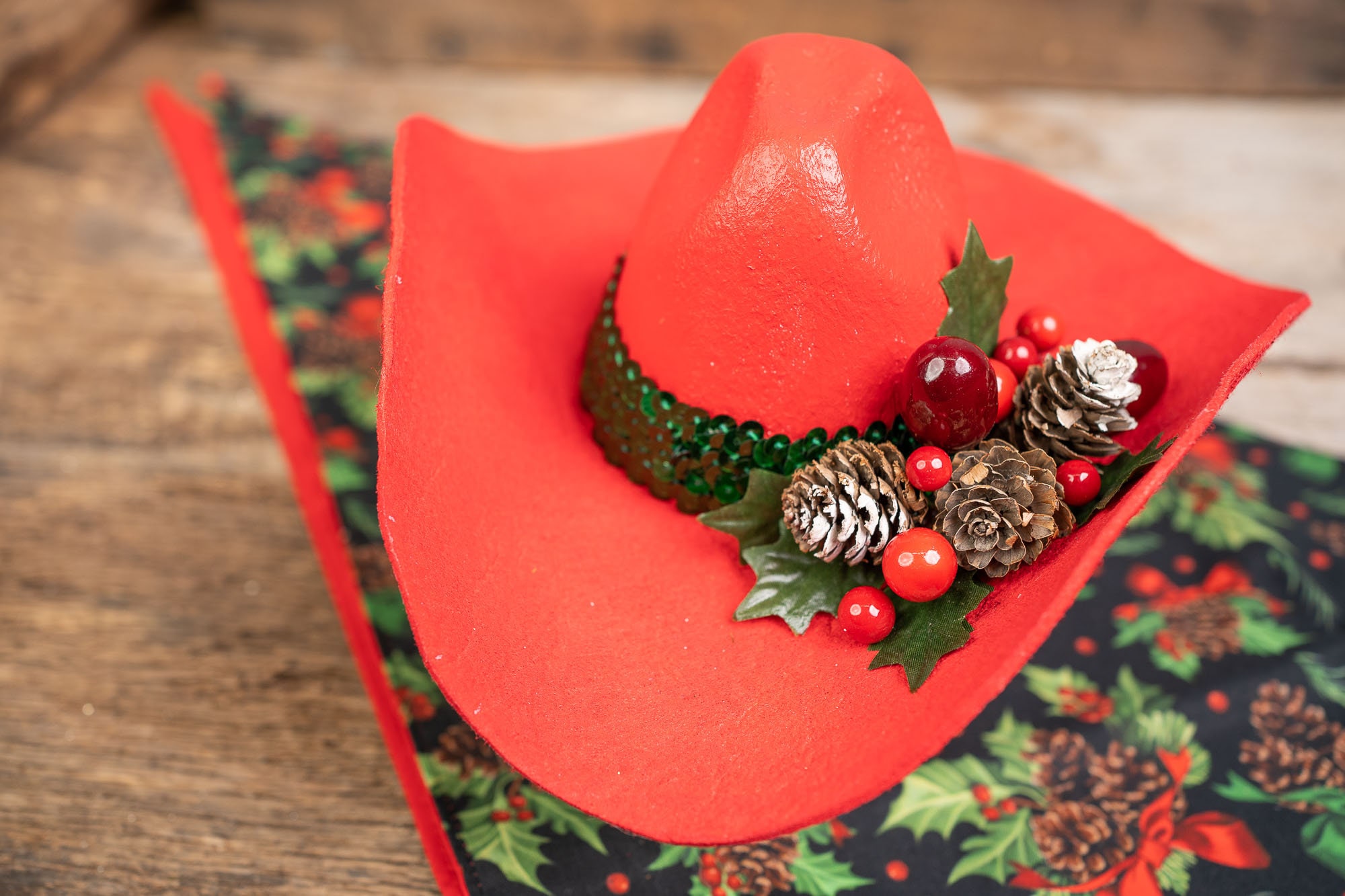 White Studded Cowboy Hat with Red and Green Ribbon- Christmas Styled Yirtree Light Up LED Red and White Santa Claus Christmas  main image 2