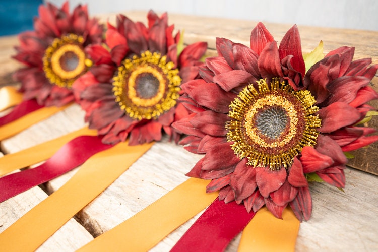 Wine Sunflower and Saffron - Set of Four Easy Clip Floral Fascinators with Satin Ribbons for Mini Horse