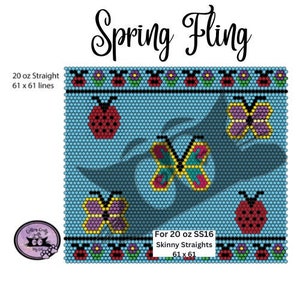Könnte beinhalten: Ein Perlmuster für ein Frühlings-Projekt mit Schmetterlingen, Marienkäfern und Blumen. Das Muster ist für 20 oz Skinny Straight Beads konzipiert und misst 61 x 61 Perlen.