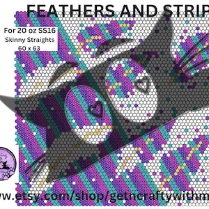 May include: A colorful beading pattern with a cat silhouette, featuring purple, teal, white, and yellow beads. The pattern is for 20 ounces of size 16 skinny straight beads and measures 60 by 63 beads.