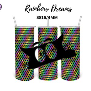 May include: Three stainless steel tumblers with a rainbow geometric pattern and a black cat silhouette. The tumblers are 16 ounces and 4 mm thick. The text "Rainbow Dreams" and "SS16/4MM" is printed on the white background.