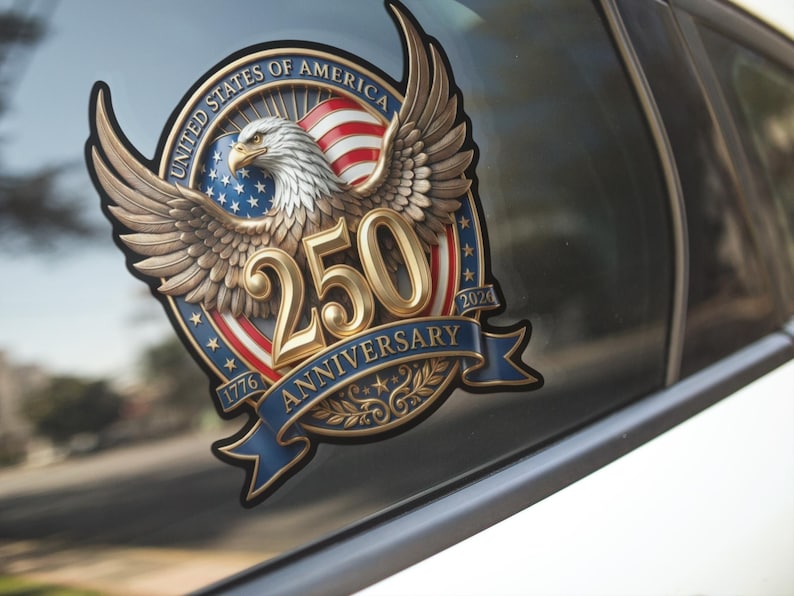 May include: A detailed decal featuring a golden eagle with outstretched wings, the American flag, and the text "250 Anniversary 1776-2026 United States of America." The design is in gold, red, white, and blue.