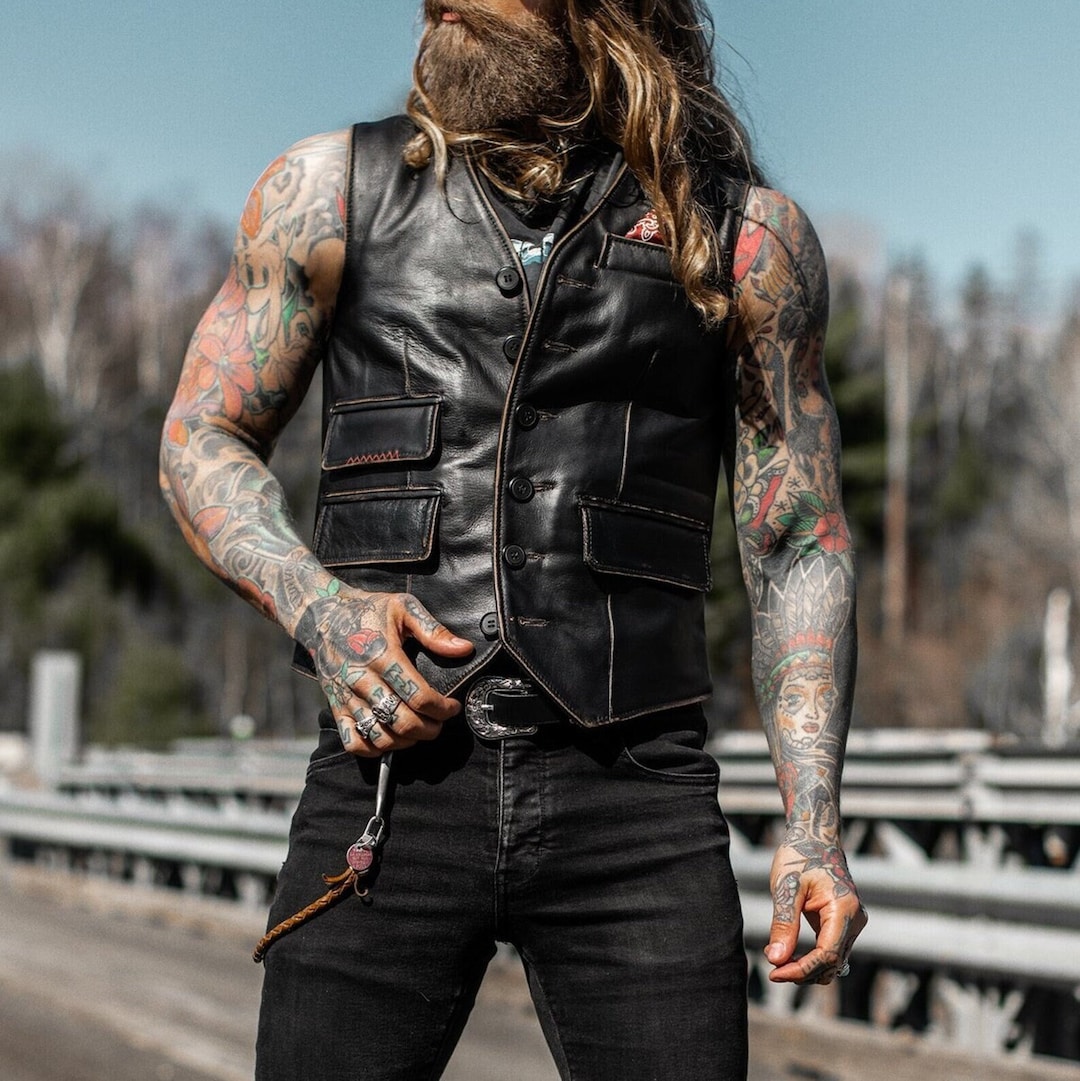 Men's Black Genuine Lambskin Leather Biker Vest Men's Etsy