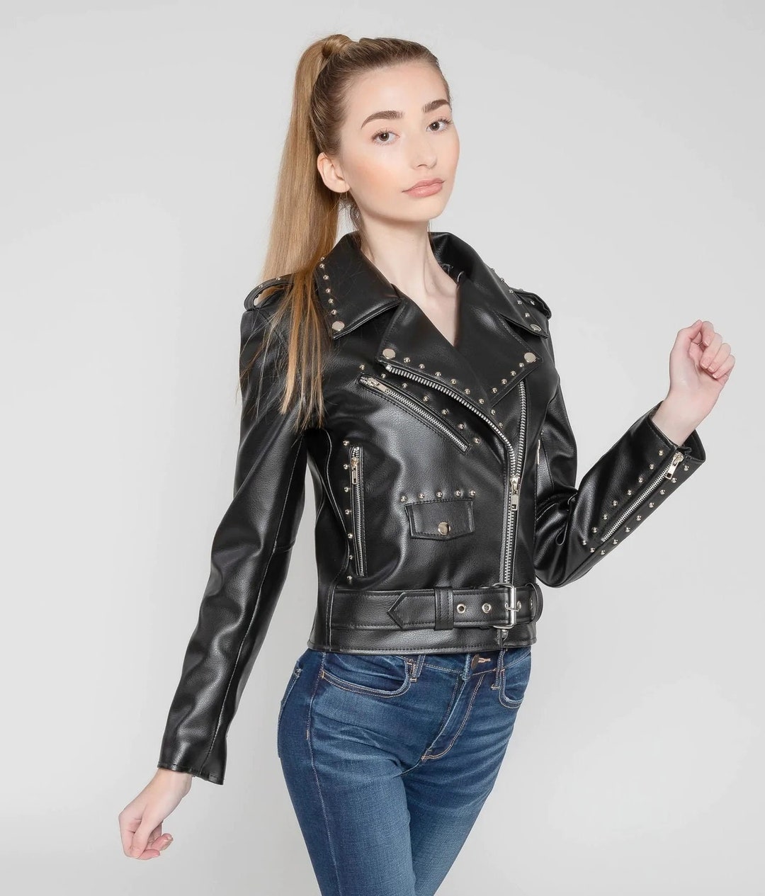Ladies Genuine Leather Jacket Studded Motorcycle Style - Etsy