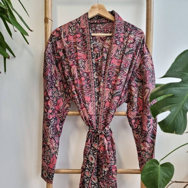 Impression Saganeri !! Robe Kimono en coton faite à la main, 100% coton femmes Long Boho Hippie peignoir Kimono Robe ethnique Robe hauts imprimé fleuri