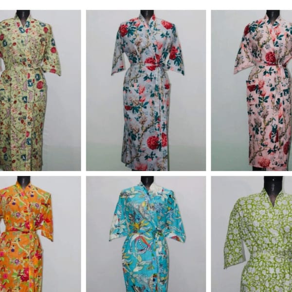 Traditional Indian Cotton Multiple Floral Print Women Long Beach Cover up Bathrobe Kaftan Gown Throw Ethnic Handmade Sleepwear Dress Kimono