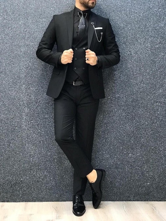 Indian Cotton Men's Tweed Solid Black Groom Wear Slim Fit Suit 3 PC Suit  Throw Evening Party Wear Elegant Hosting Woolen Tuxedo Jacket Suit -   Israel