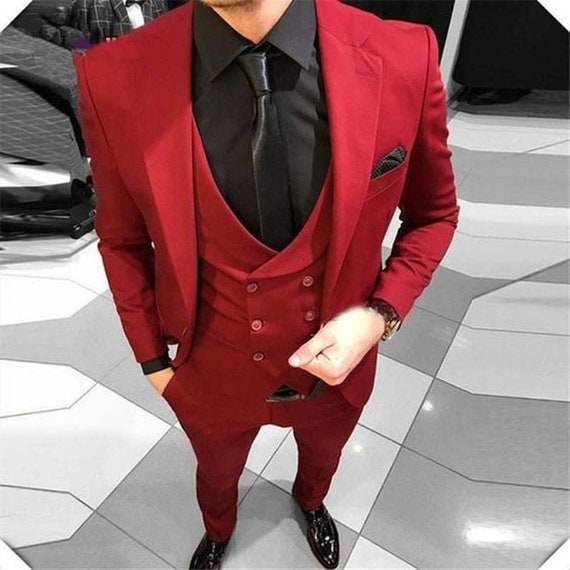 Solid Red Color Indian Cotton Handmade Evening Elegant Hosting Jacket Suit  Tuxedo Men's Party Wear Tweed Groom Wear Slim Fit Suit 3 PC Suit 