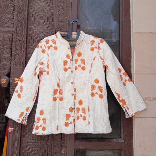Indian Handmade Kantha Quilt Long Jacket Kimono Women Wear Boho Orange Color Front Open Quilted Jacket