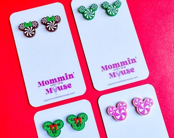 Small Peppermint Mickey Studs | Mickey Wreath Studs | Disney Christmas Stud Earrings