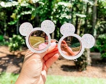 Showstopper Glitter Mickey Shaped Sunglasses - Pink Mirror Lenses