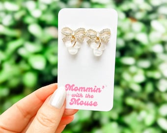 Rhinestone Coquette Bow Pearl Mickey Earrings | Princess Style Bowknot Dangle Earring | Mouse Bow Jewelry