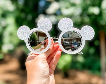 Showstopper Glitter Mickey Shaped Sunglasses - Silver Mirror Lenses