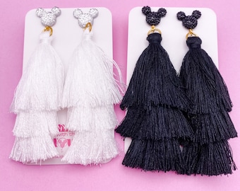 Mickey Tassel 3-Tier Earrings | White Black Red Tassel Disney Earrings