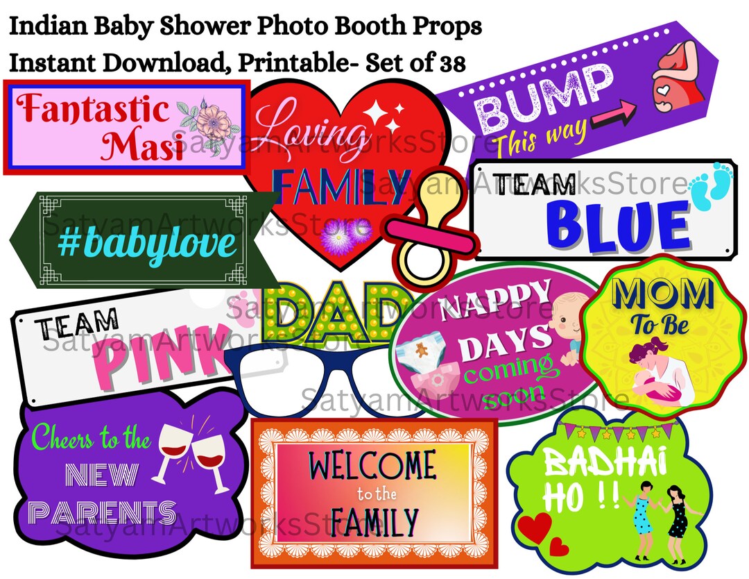 Indian Baby Shower Photo Booth Props: 38 Printable Signs (digital