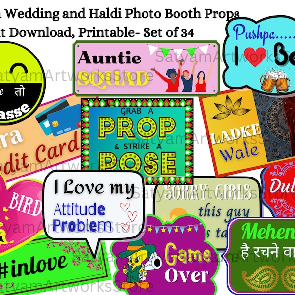 34 Indian Wedding & Haldi, Bollywood Wedding Photo Booth Prop, Indian Party Signs, Printable Wedding Props, DIY Props, Desi Style, funnyprop