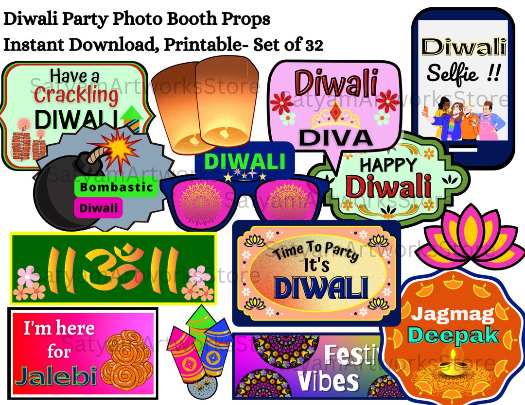 32 Diwali Themed Party Props, Diwali Photo Booth Props, Indian Festival