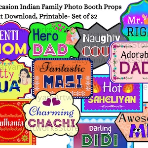 32 accessori per cabine fotografiche di famiglia, insegne per feste indiane, accessori per addio al nubilato, accessori per matrimoni e Sangeet, accessori per compleanni, famiglia indiana per tutte le occasioni