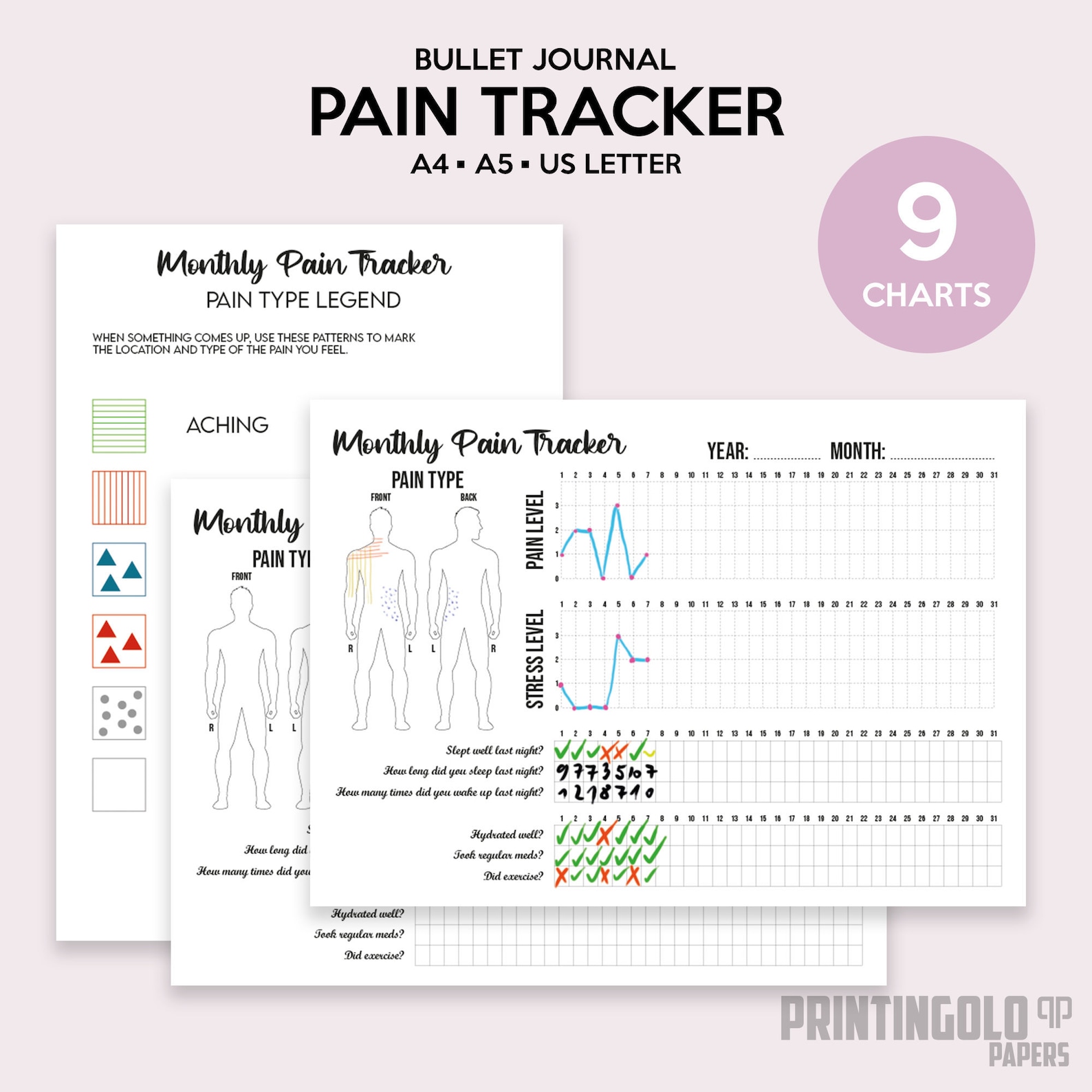 Monthly Pain Tracker Printable A4 A5 US Letter Filofax - Etsy