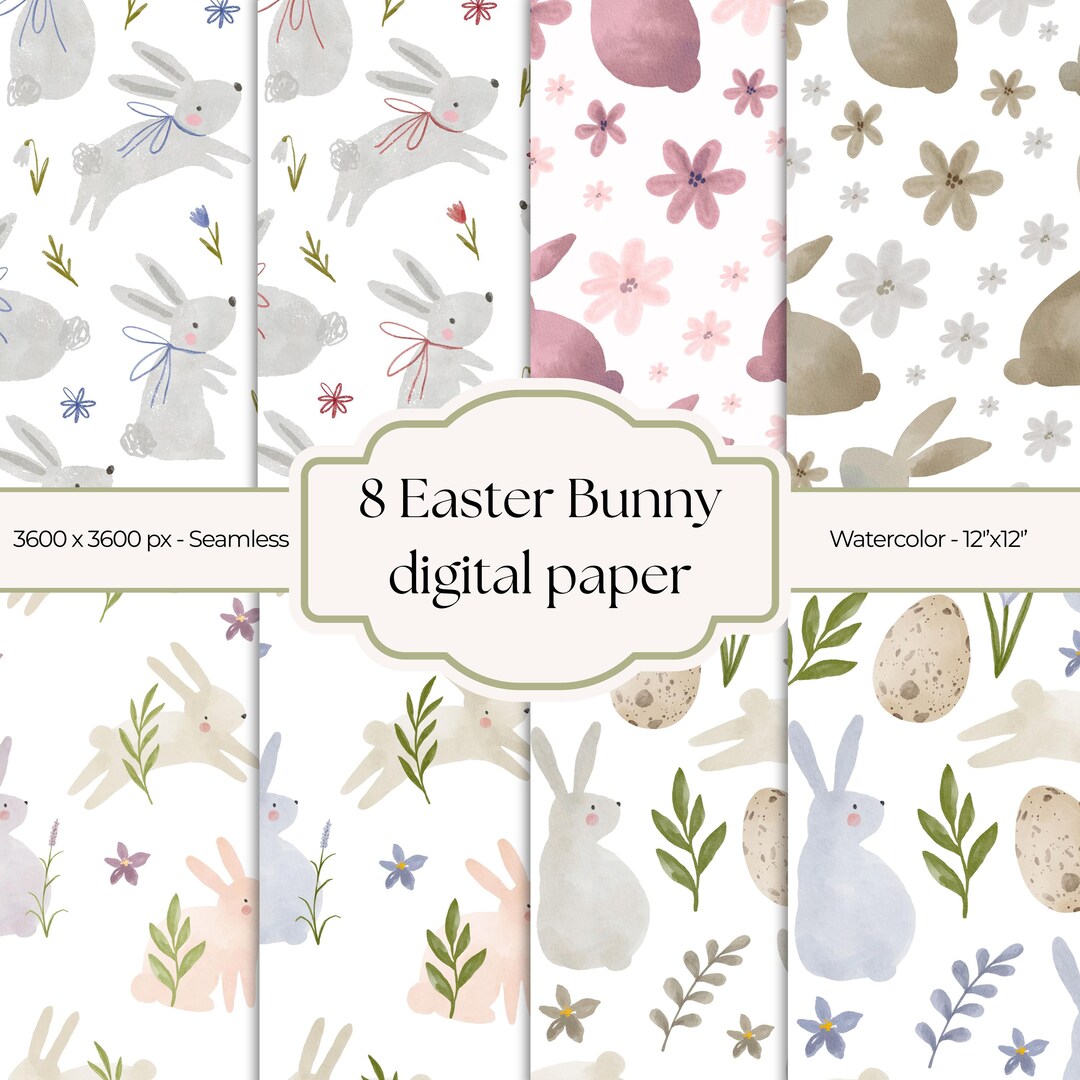 Cute Easter Bunny Digital Paper Pack | Watercolor Seamless Pattern ...