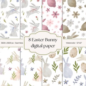 Könnte beinhalten: Acht nahtlose digitale Papierdesigns mit Aquarellillustrationen von Osterhasen, Blumen und Eiern. Die Designs umfassen Hasen mit Schleifen, Blumenmuster und Eier-Motive. Das Papier ist 30,48 cm x 30,48 cm groß.